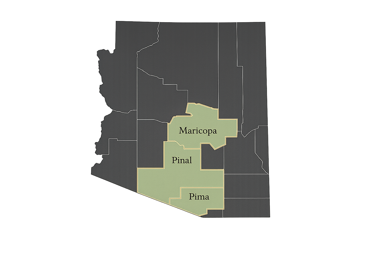 Map of Arizona with Maricopa, Pinal, and Pima counties highlighted as Regalita's service area