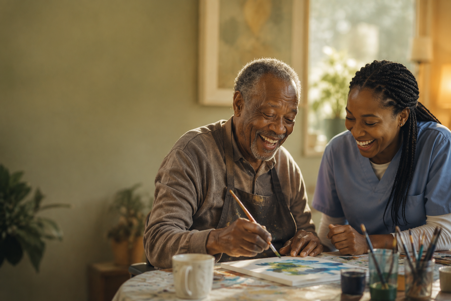 A Regalita caregiver and client painting together at the kitchen table