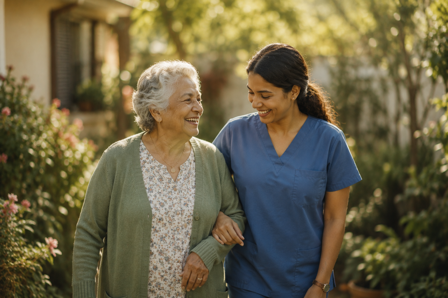 A Regalita caregiver walking arm-in-arm outdoors with a client