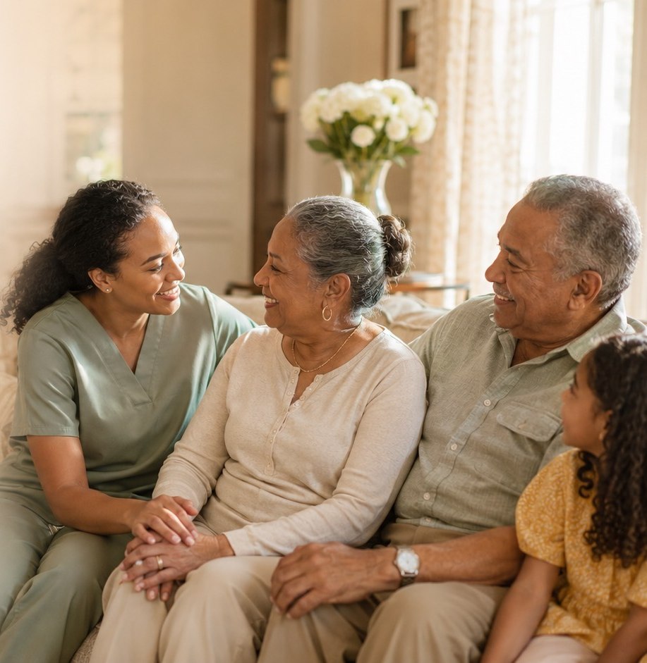 A Regalita caregiver visiting with a multi-generational family at home