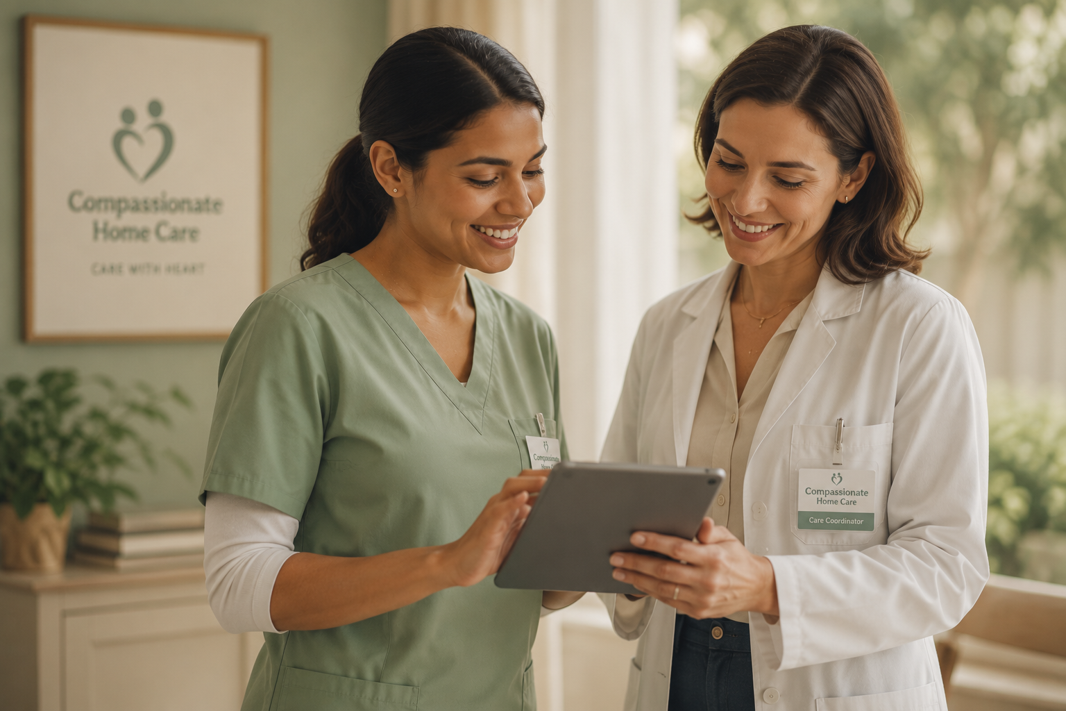 Two Regalita care coordinators reviewing a patient plan on a tablet